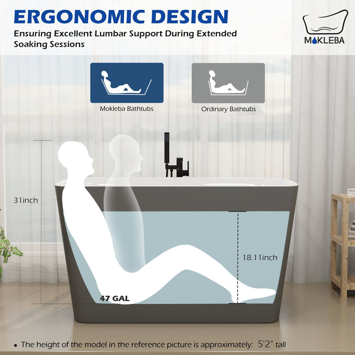 Mokleba 47'' Acrylic Small Freestanding Tub Modern Japanese Soaking Ba