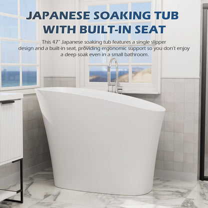 47&quot; Single Slipper Freestanding Japanese Soaking Bathtub Solid Surface Stone Resin Tub with Built-in Seat