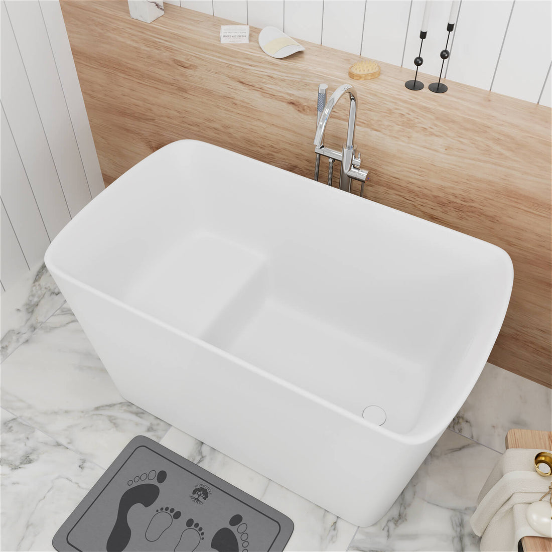 47inch White Solid Surface Freestanding Japanese Soaking Bathtub with Seat