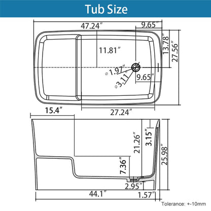47-Inch Japanese Style Soaking Tub with Built-in Seat Dimensions Details