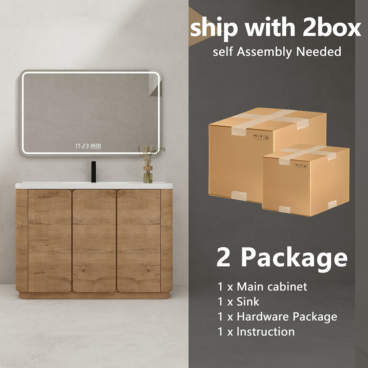 48-Inch Modern Oak Bathroom Vanity Packaging Info Ships in 2 Boxes Self Assembly