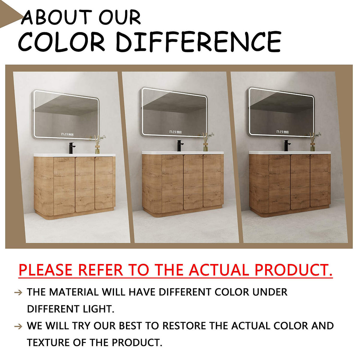 48 inch Oak Bathroom Vanity Color Difference Notice Under Various Lighting