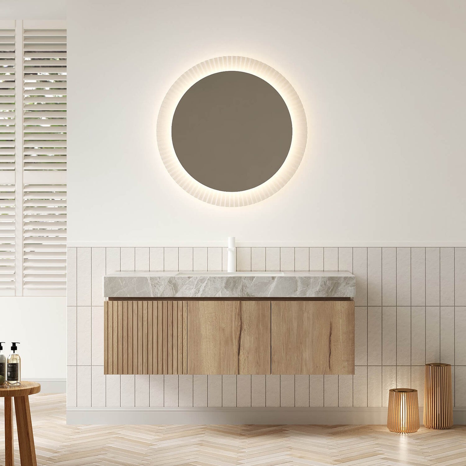 48 inch White Oak Floating Bathroom Vanity with Light Gray Stone Top