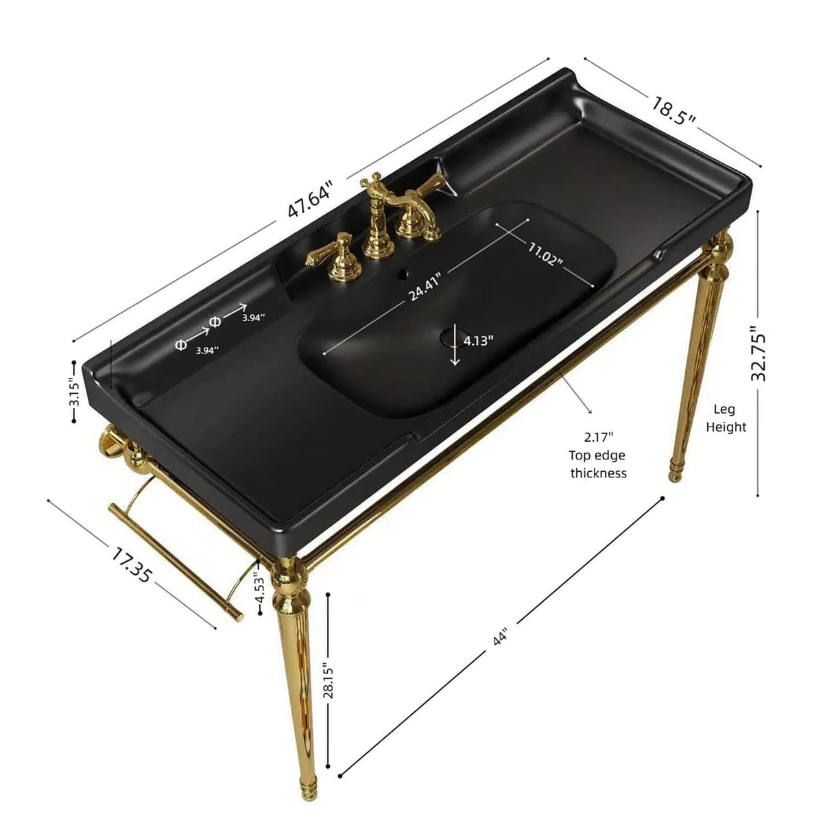 Dimension diagram of a black ceramic console sink with gold legs, showing overall width, depth, height and basin measurements.