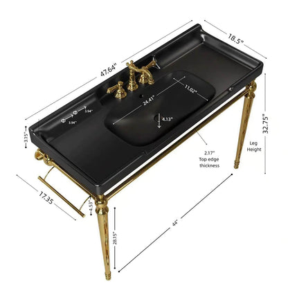 Dimension diagram of a black ceramic console sink with gold legs, showing overall width, depth, height and basin measurements.