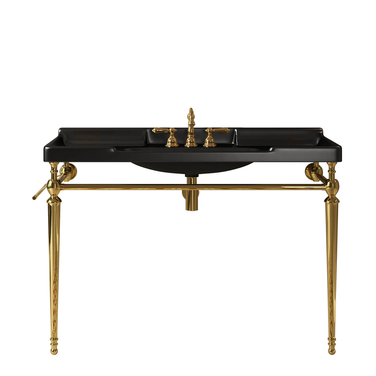 Front view of a black ceramic console sink with gold stainless steel legs and a horizontal towel bar on a white background.