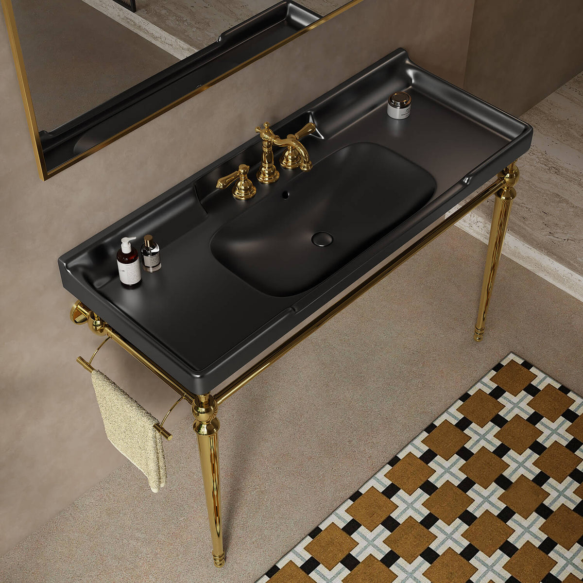 Overhead view of a 48-inch black ceramic console sink with gold legs and a side towel bar in a bathroom.