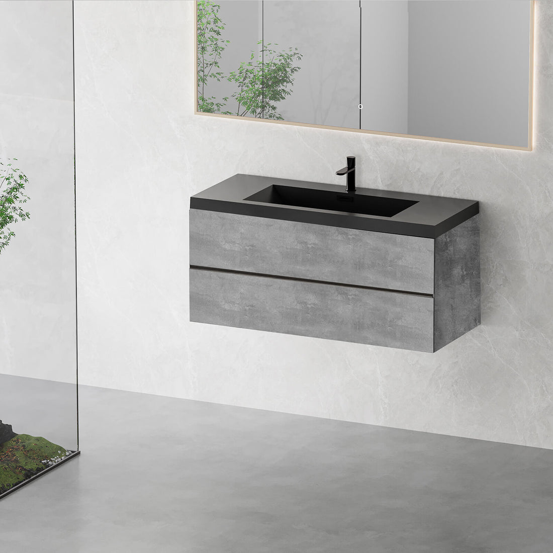48 inch cement gray floating bathroom vanity with black quartz countertop