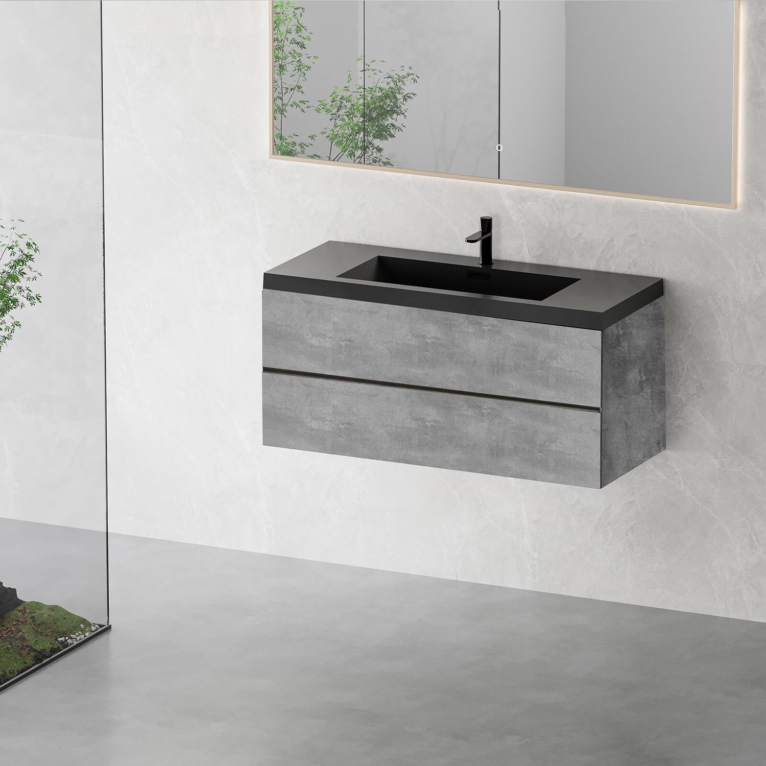48 inch cement gray floating bathroom vanity with black quartz countertop