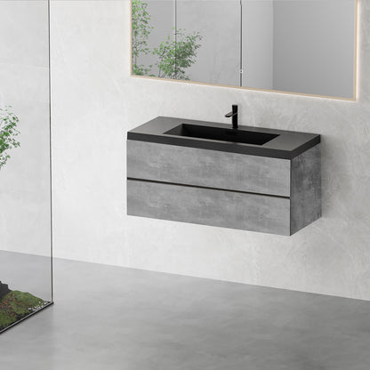 48 inch cement gray floating bathroom vanity with black quartz countertop