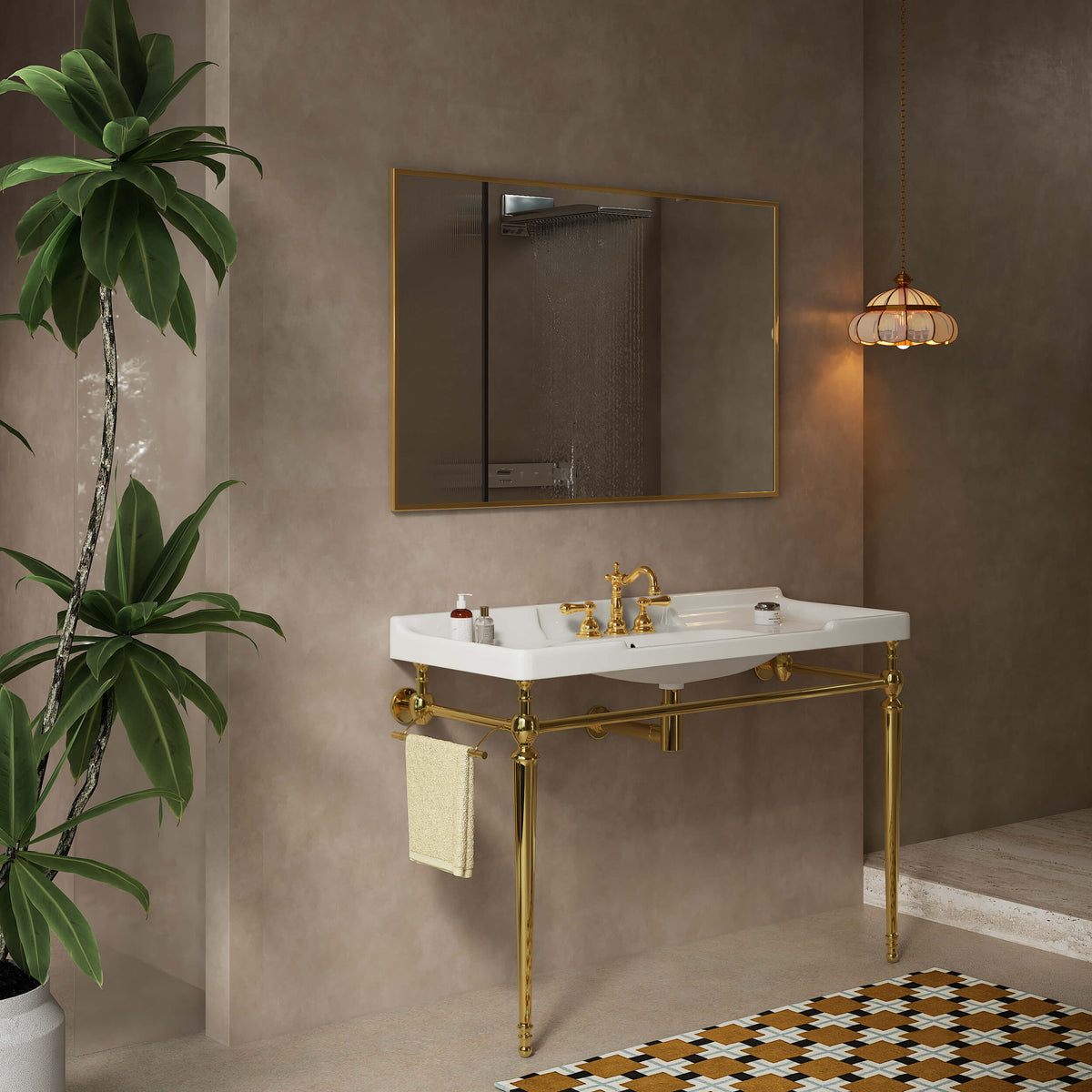 Angled bathroom view of a 48-inch white ceramic console sink with gold legs and a side towel bar.