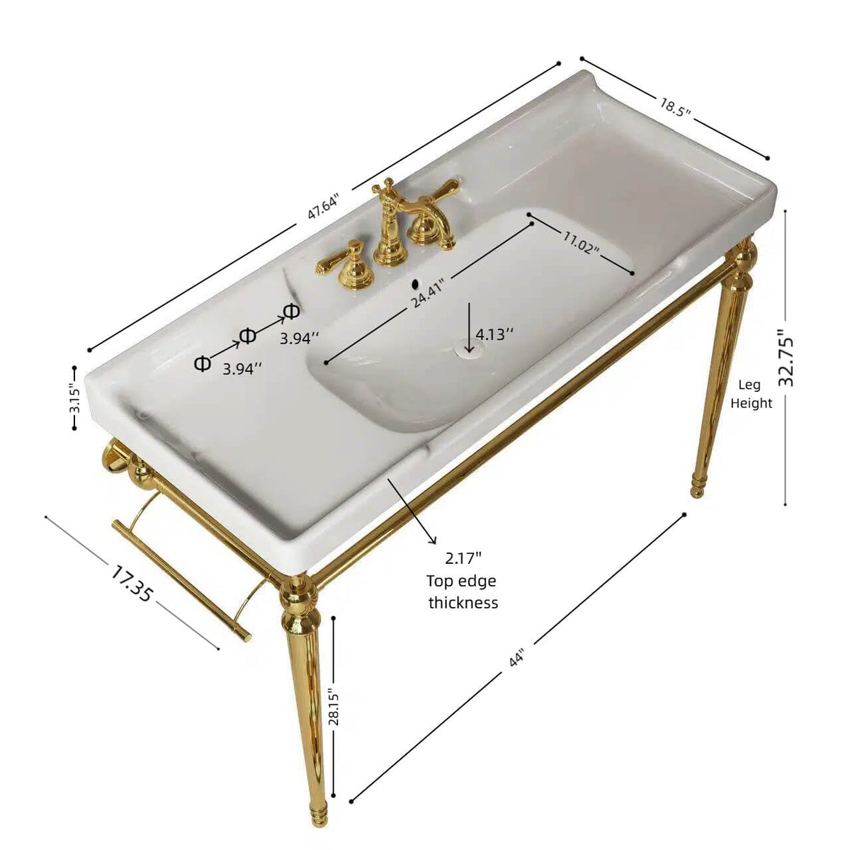 Dimension diagram of a white ceramic console sink with gold legs, showing overall width, depth, height and basin measurements.