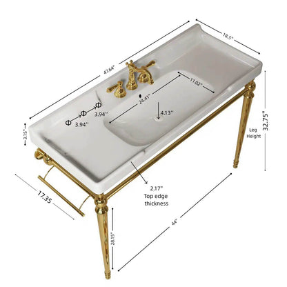 Dimension diagram of a white ceramic console sink with gold legs, showing overall width, depth, height and basin measurements.