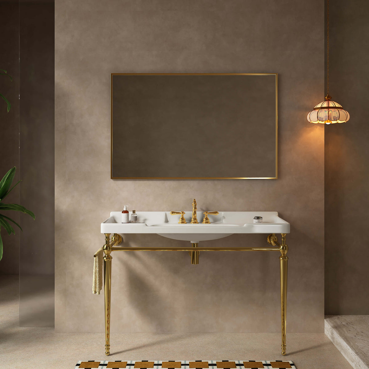 Front view of a 48-inch white ceramic console sink with gold legs and a towel bar beneath a rectangular mirror.