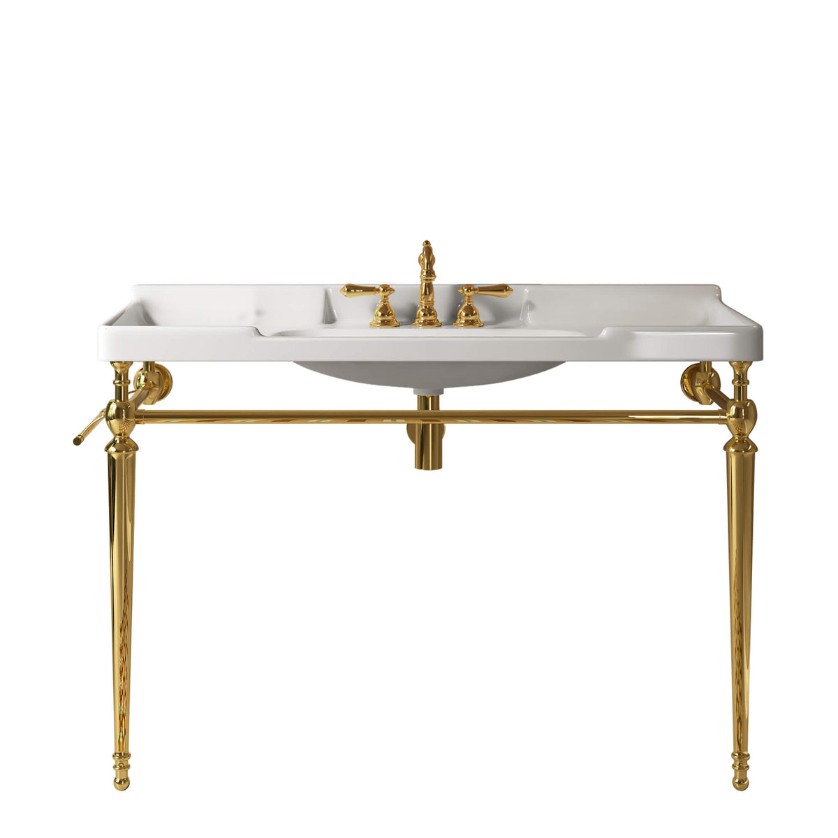 Front view of a white ceramic console sink with gold legs and a horizontal towel bar on a white background.
