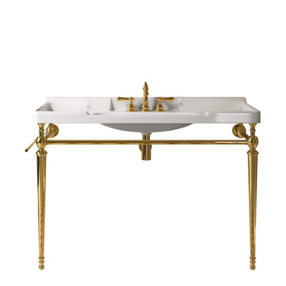 Front view of a white ceramic console sink with gold legs and a horizontal towel bar on a white background.