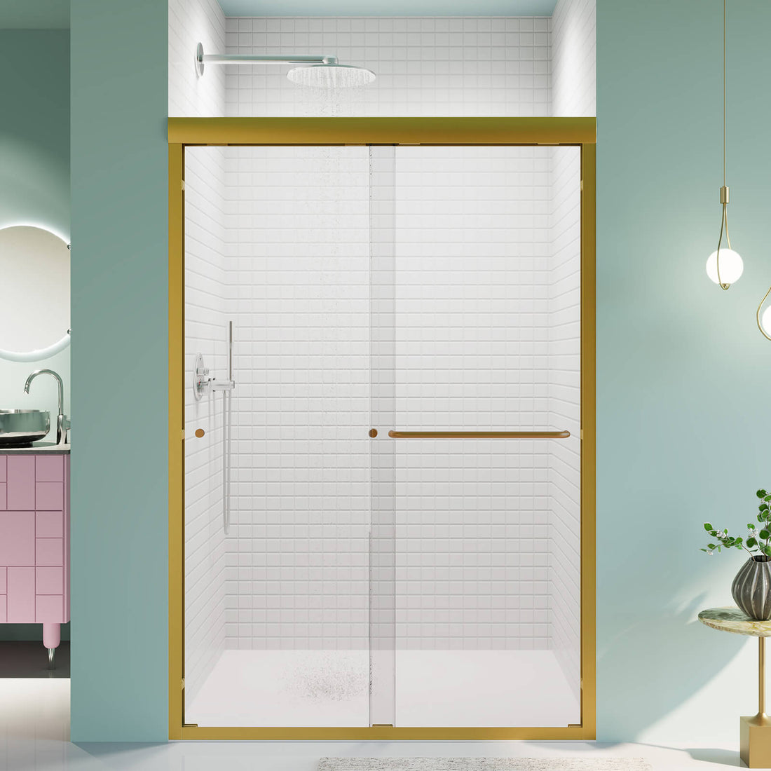 48 x 72 in Brushed Gold Semi Frameless Double Sliding Shower Door