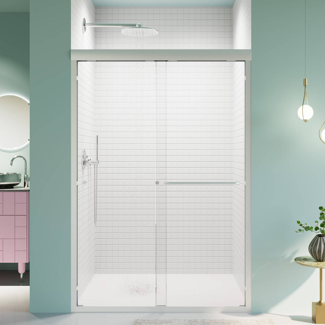 48 x 72 inch Brushed Nickel Semi Frameless Double Sliding Shower Door