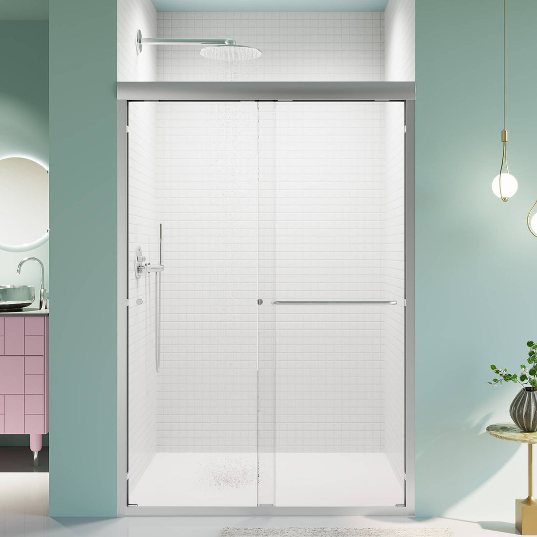 48 x 72 inch Chrome Semi Frameless Double Sliding Shower Door