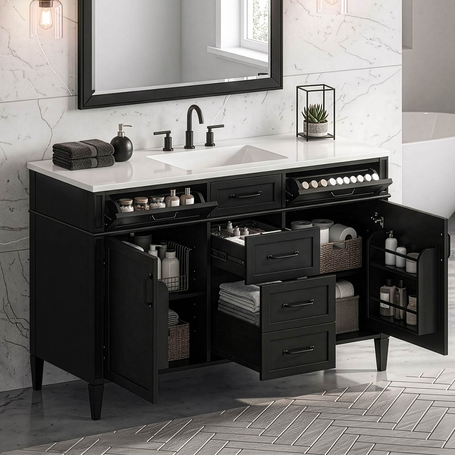 48 Inch Bathroom Storage Vanity Fully Open Cabinet Doors Lifestyle View