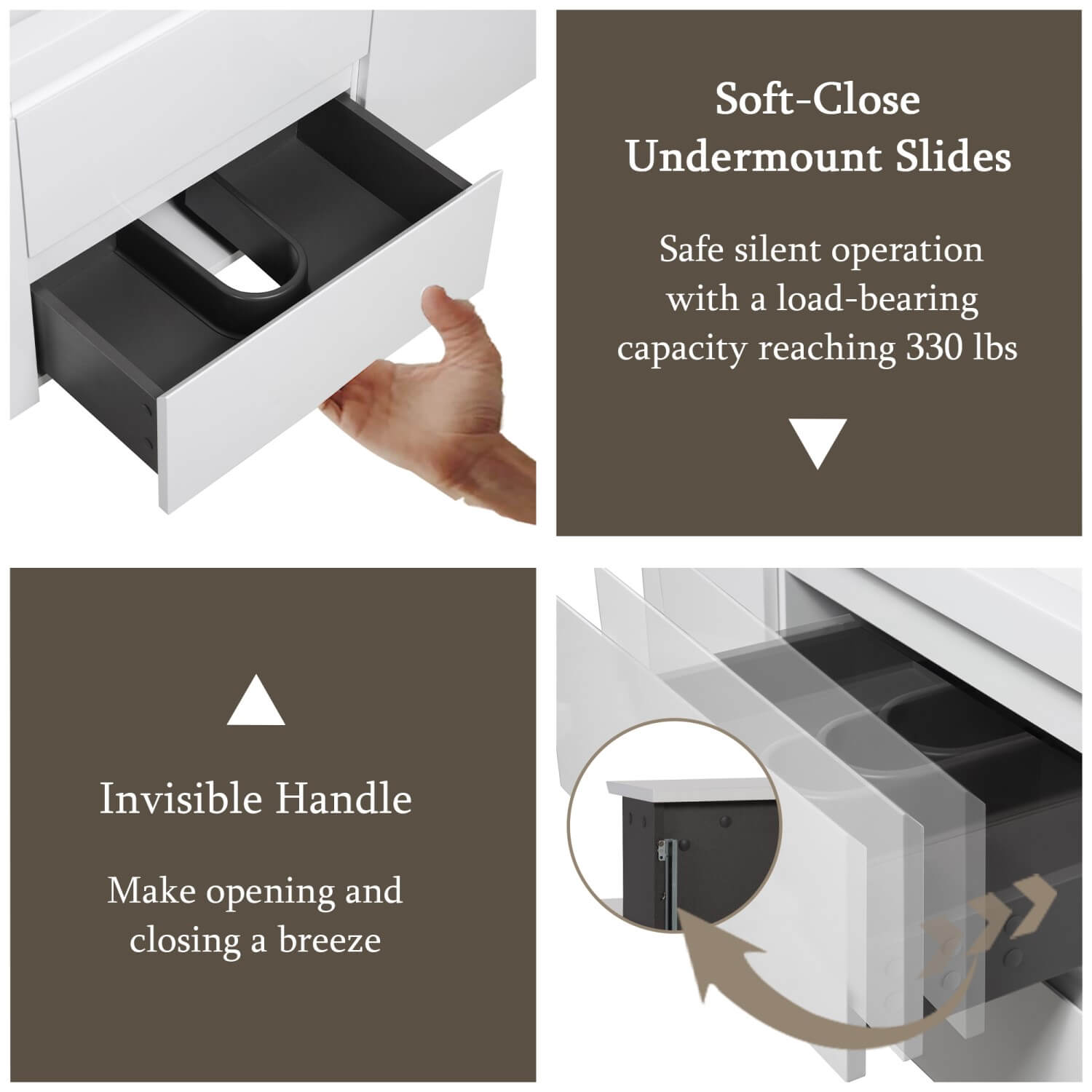48 Inch Floating Vanity Soft Close Drawers and Invisible Handle Details