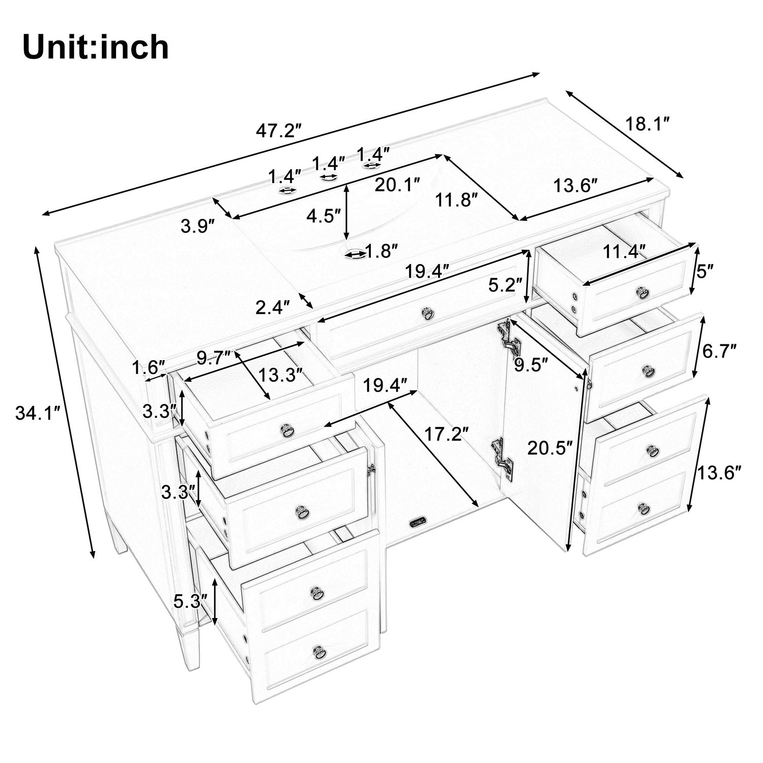 48 inch Bathroom Storage Vanity Dimensions Diagram Front Angle Blueprint