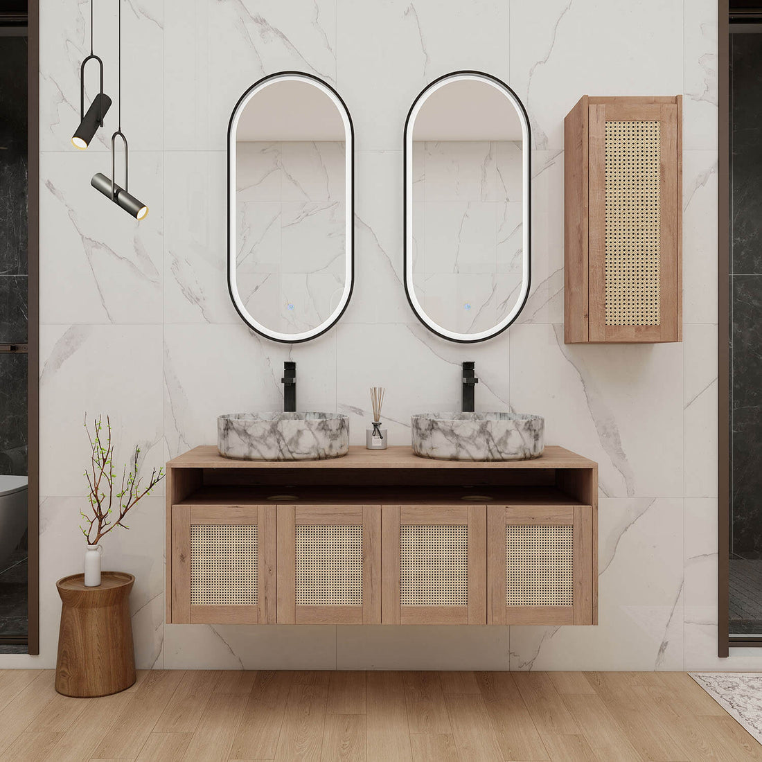 48 inch Bathroom Vanity with Marble-Veined Ceramic Sink and 12 inch Wall-Mounted Cabinet