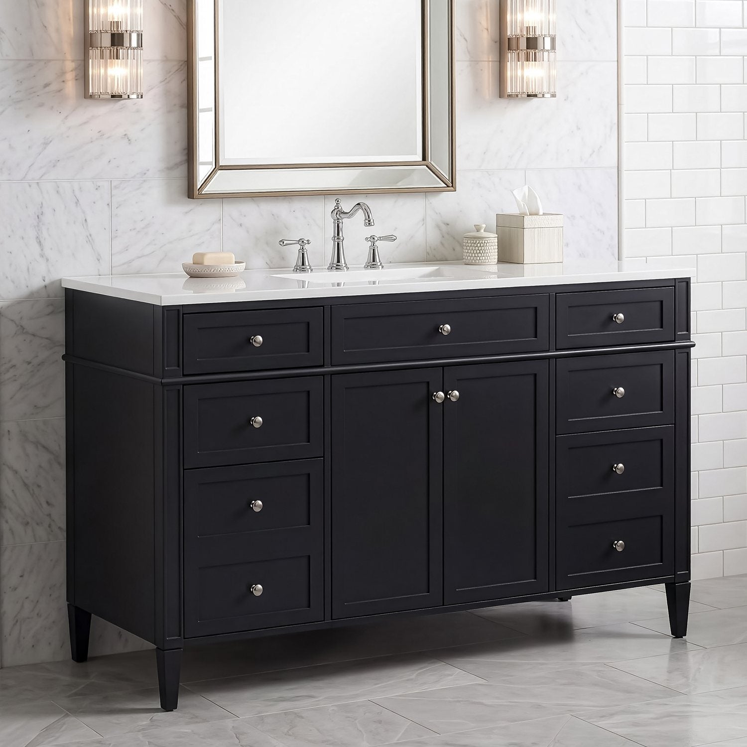 48 inch Black Bathroom Vanity with Integrated Composite Sink Top Scene Setup