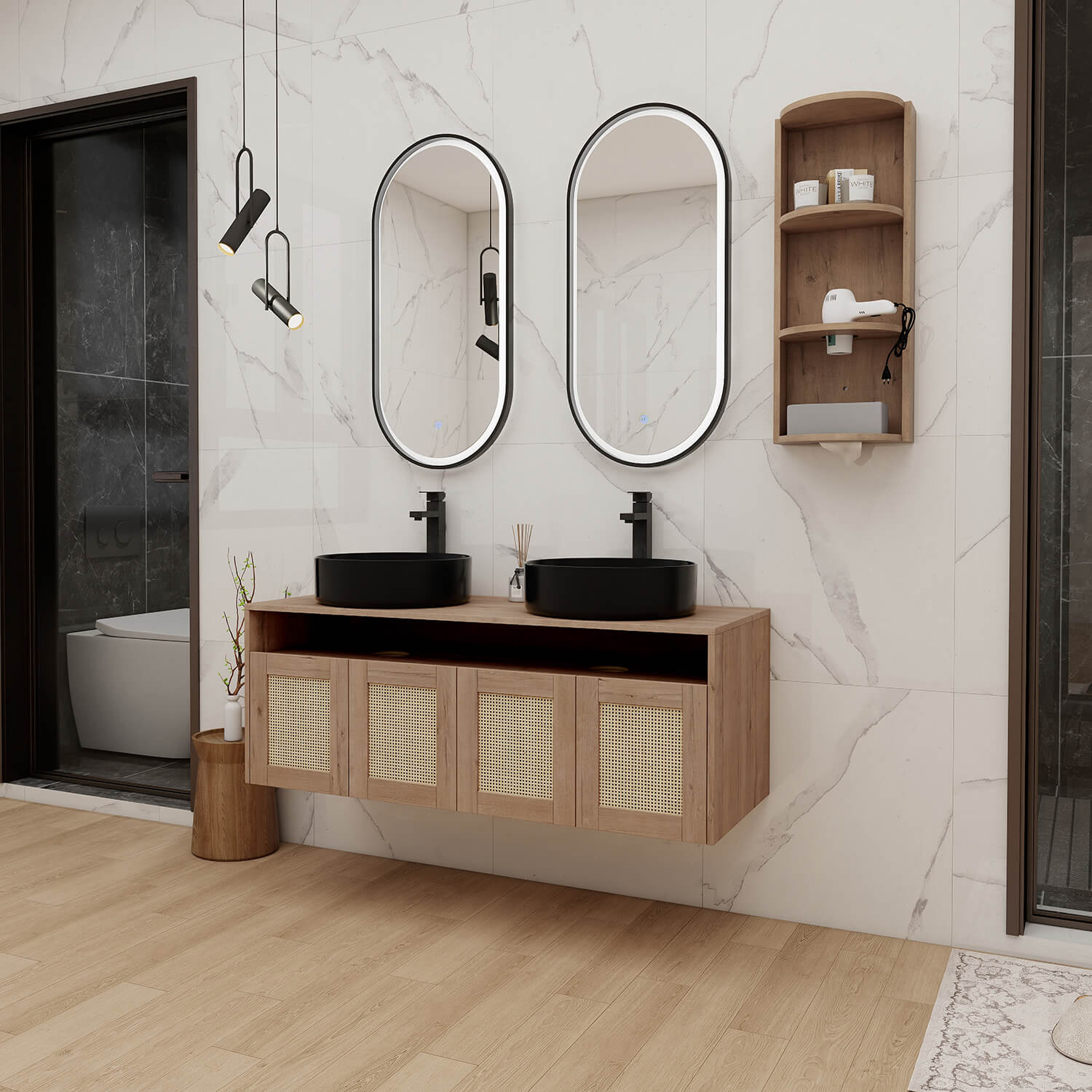 48 inch Black Floating Vanity with 12 inch Wall Storage Cabinet