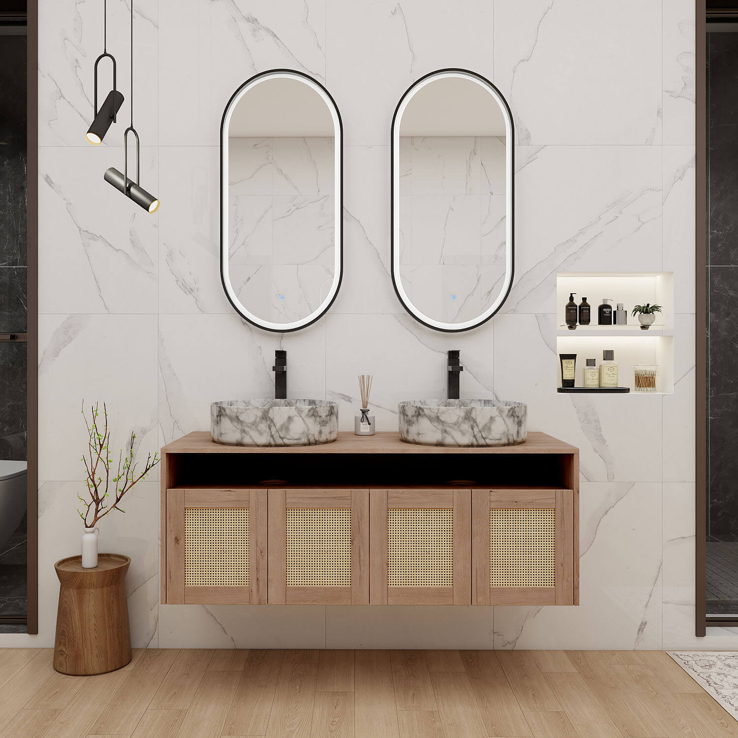 48 inch Double Basin Floating Vanity with Marble-Veined Ceramic Sink And White Oak Cabinet