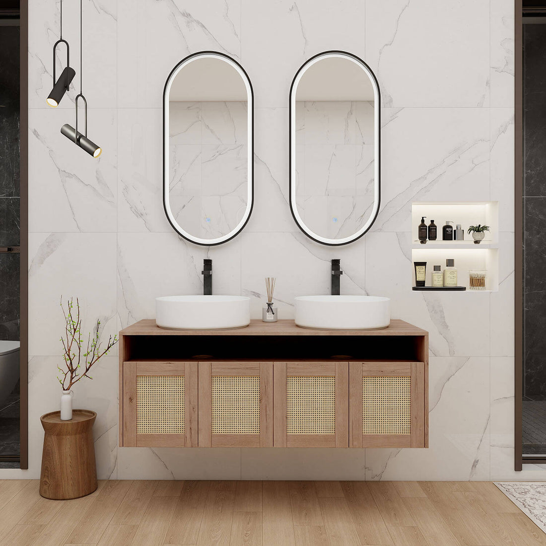 48 inch Double Basin Floating Vanity with White Ceramic Sink And White Oak Cabinet