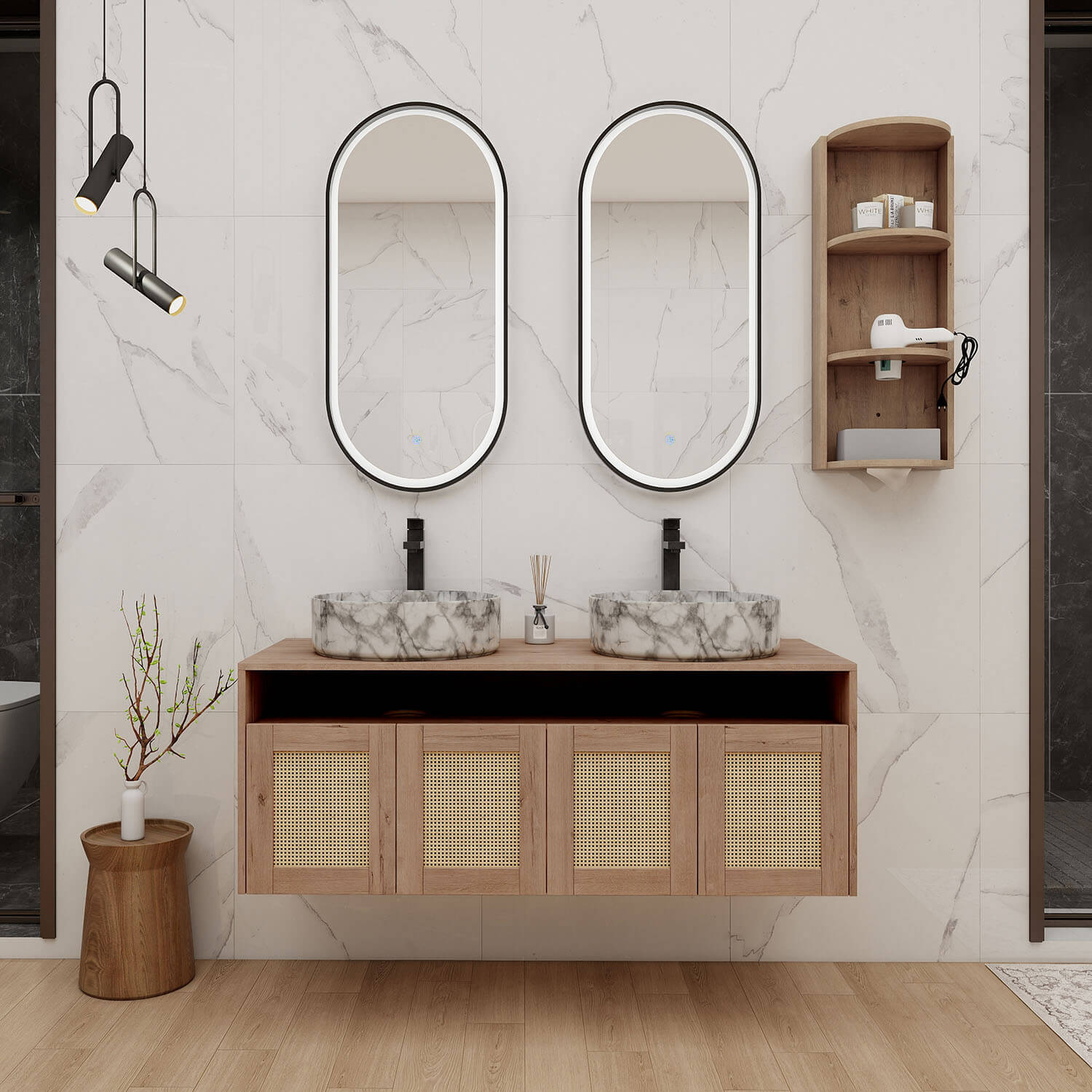 48 inch Floating Vanity with Marble-Veined Ceramic Sink and 12" Wall Storage Cabinet