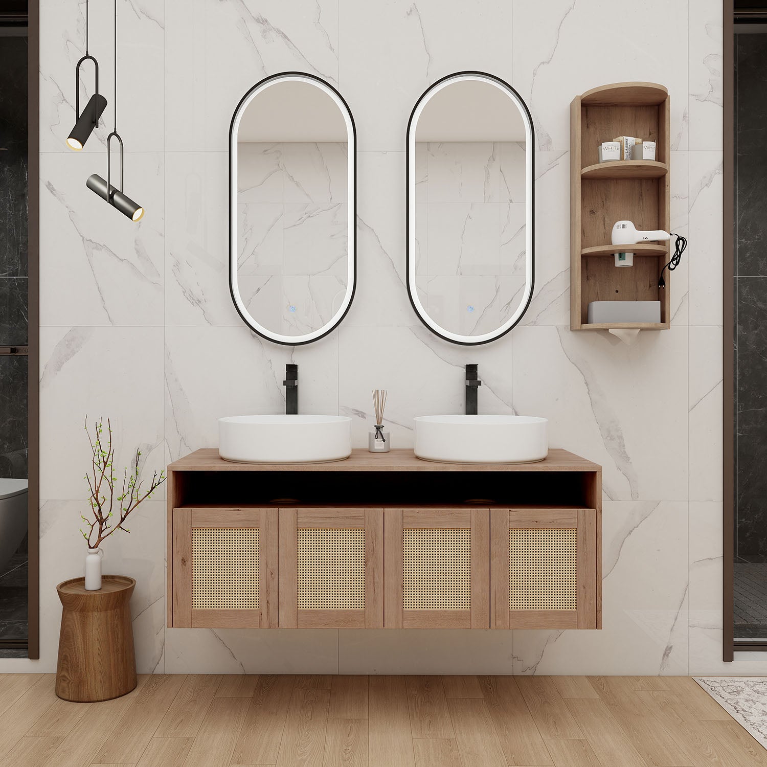 48 inch Floating Vanity with White Ceramic Sink and 12 inch Wall Storage Cabinet