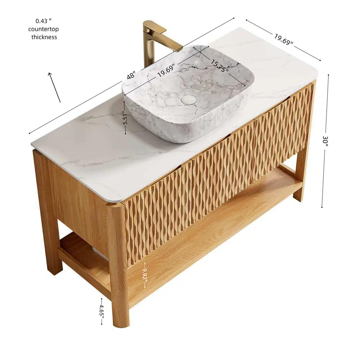 48 inch Fluted Bathroom Vanity Dimensions with Marble Ceramic Vessel Basin and Sintered Stone Countertop Measurements