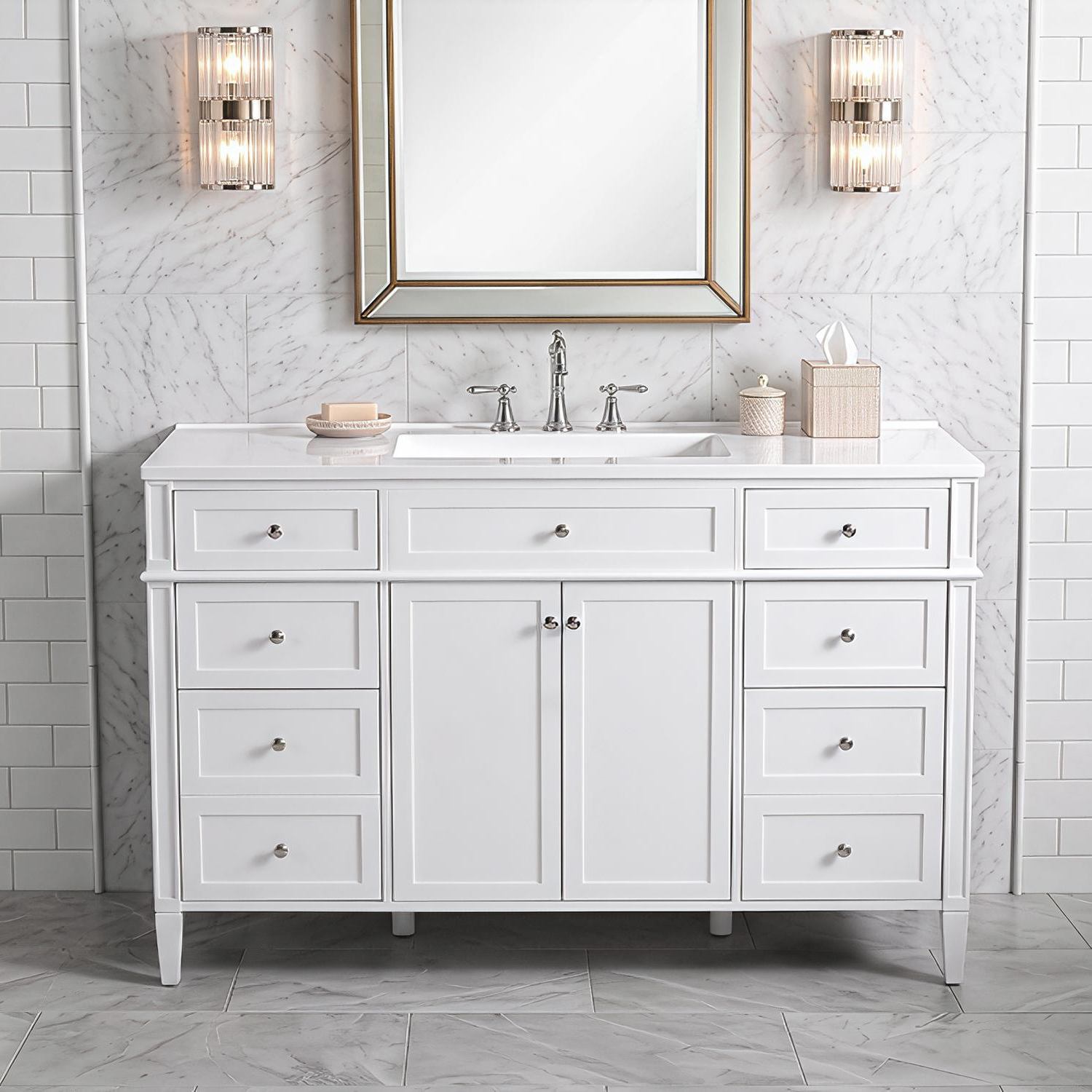 48 inch Freestanding White Single Sink Bathroom Vanity Front View Interior Scene