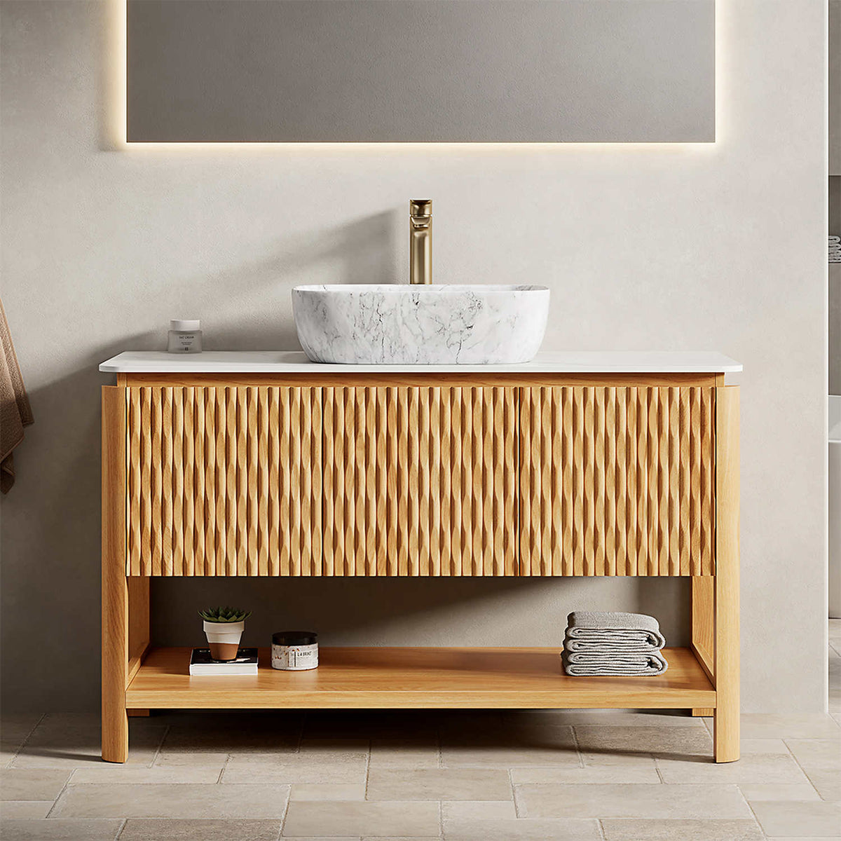 48 inch Freestanding White Oak Fluted Bathroom Vanity with Marble Ceramic Vessel Sink and Open Storage Shelf