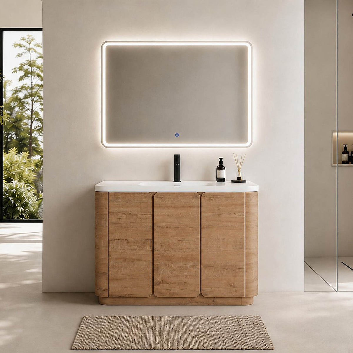 48 inch Modern Oak Freestanding Bathroom Vanity Resin Sink LED Mirror Scene