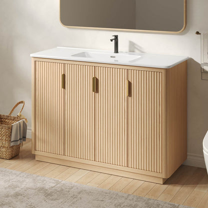 48 inch Natural Oak Freestanding Bathroom Storage Cabinet Fluted Door Design