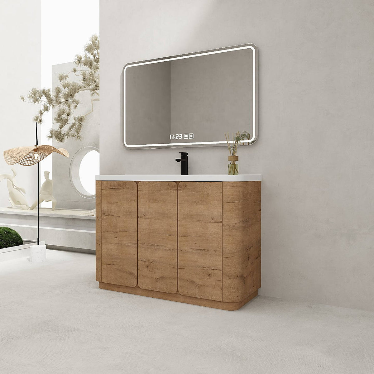 48 inch Oak Freestanding Bathroom Vanity Resin Sink LED Mirror Scene