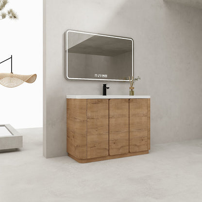48 inch Oak Freestanding Vanity Hidden Handles Curved Edges Modern Bathroom Scene