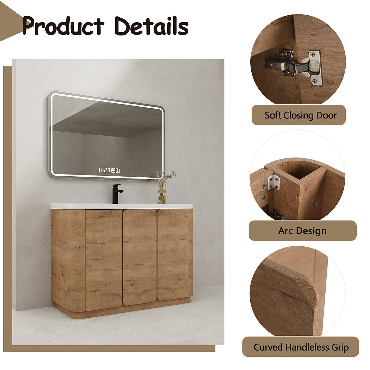 48 inch Oak Vanity Hardware Details Soft Closing Hinge Curved Handleless Grip
