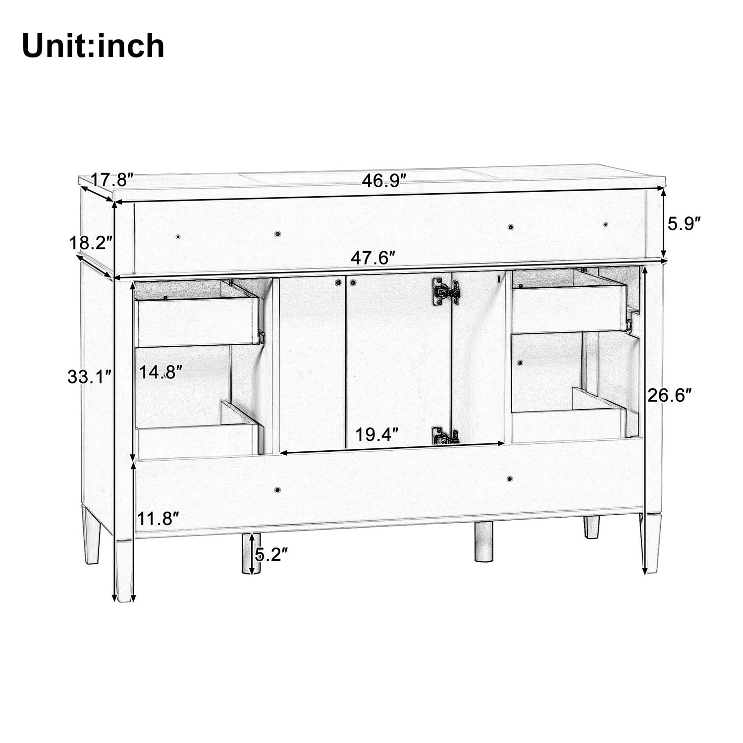 48 inch Freestanding Vanity Rear Plumbing Open Back Dimensions Diagram