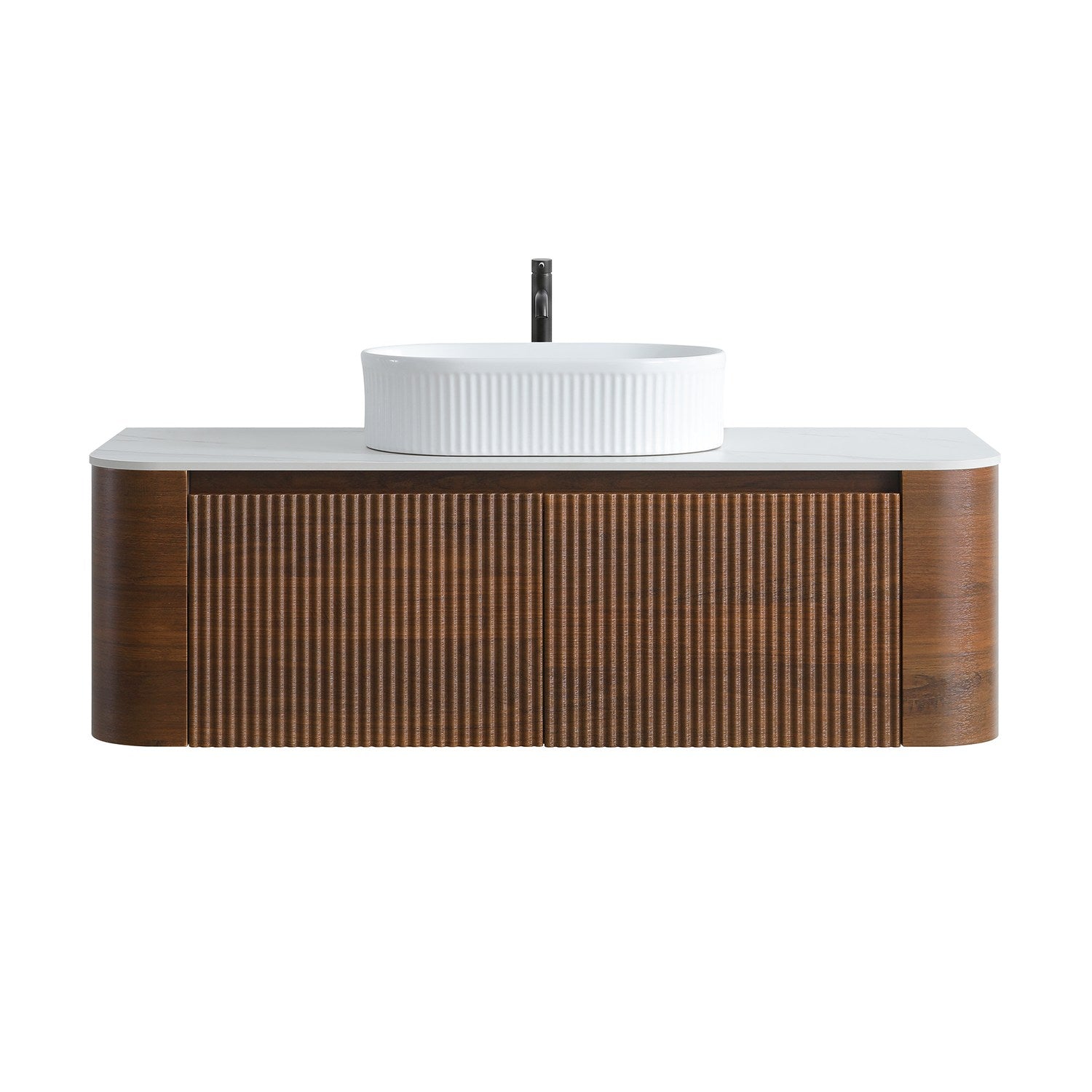 48 inch Walnut Wall Mounted Bathroom Vanity Front View White Background