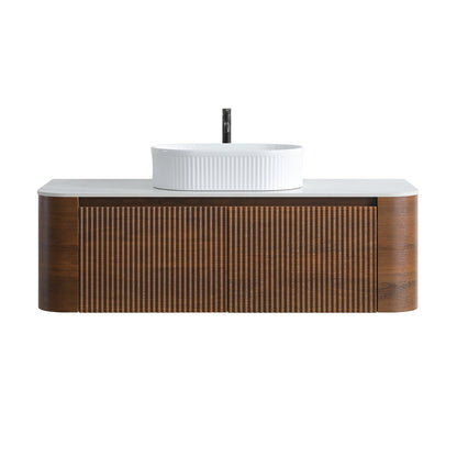 48 inch Walnut Wall Mounted Bathroom Vanity Front View White Background