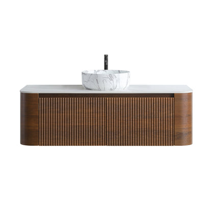 48 inch Walnut Wood Wall Mounted Bathroom Vanity Front View White Background