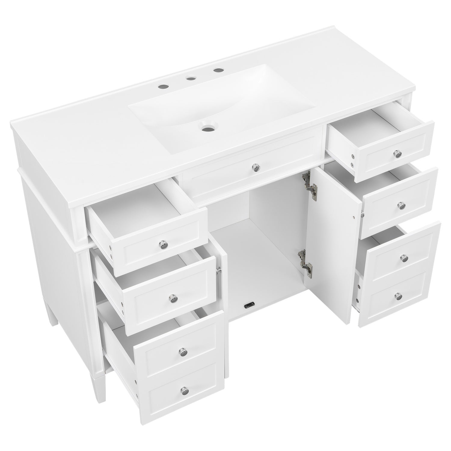 48 inch White Bathroom Vanity Top Angle Fully Open Drawers View