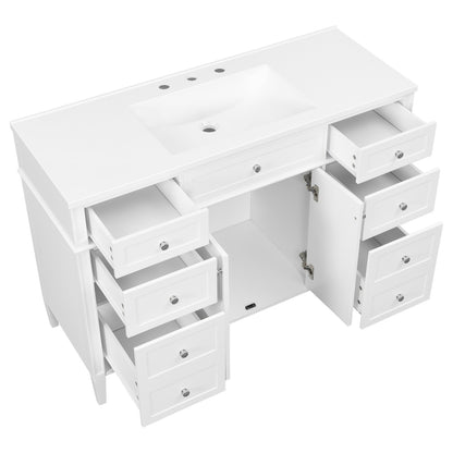 48 inch White Bathroom Vanity Top Angle Fully Open Drawers View