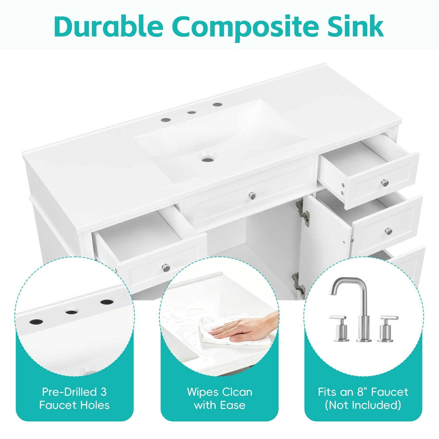 48 inch White Composite Sink Countertop Features Pre Drilled Faucet Holes