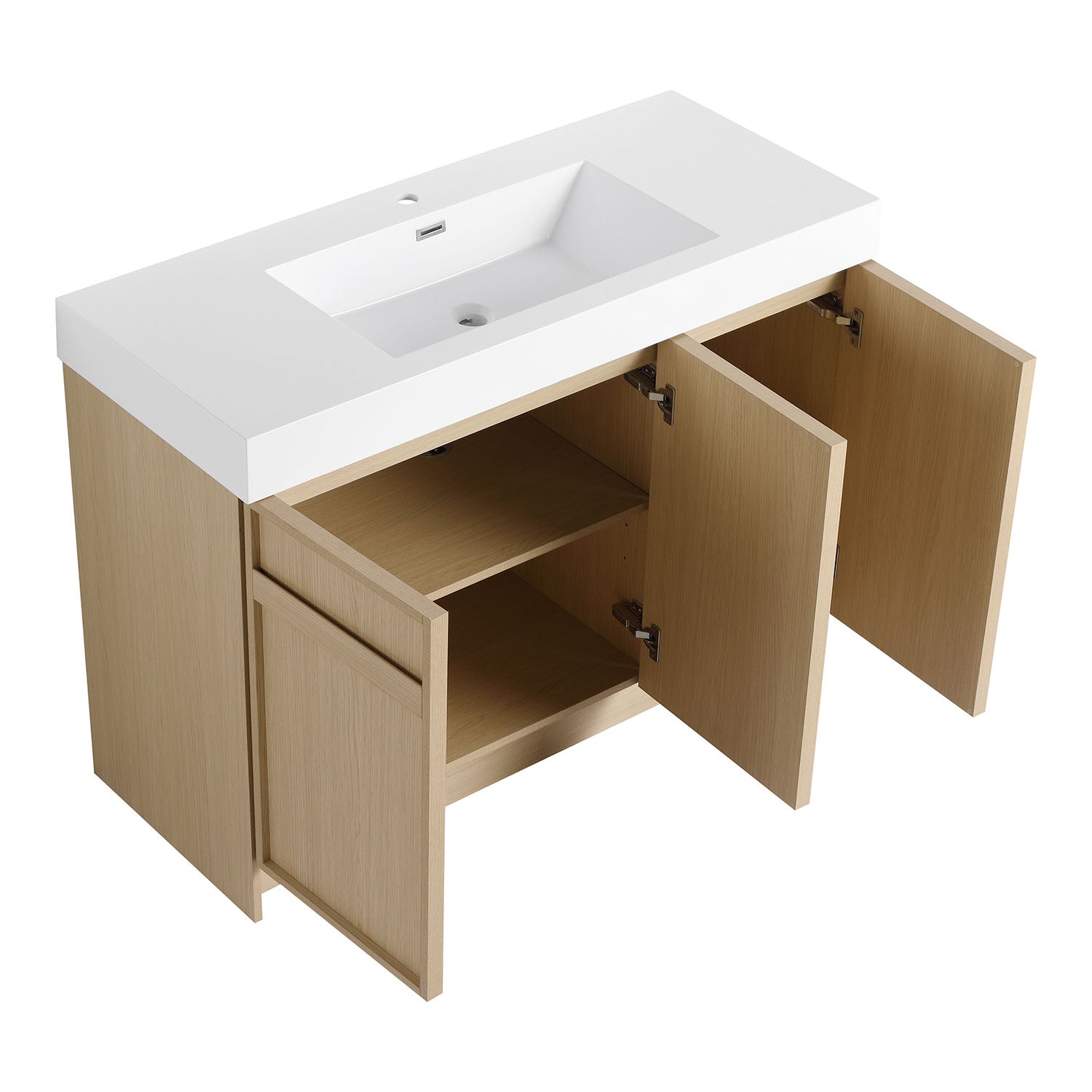 48 inch White Oak Bathroom Vanity-Resin Sink and Soft Close Cabinet Doors