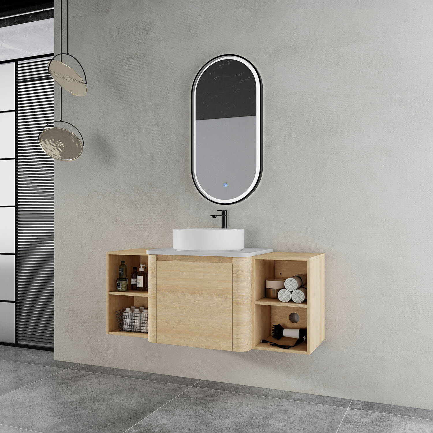 48 inch White Oak Bathroom Vanity-White Ceramic Vessel Sink and Two Open Shelves